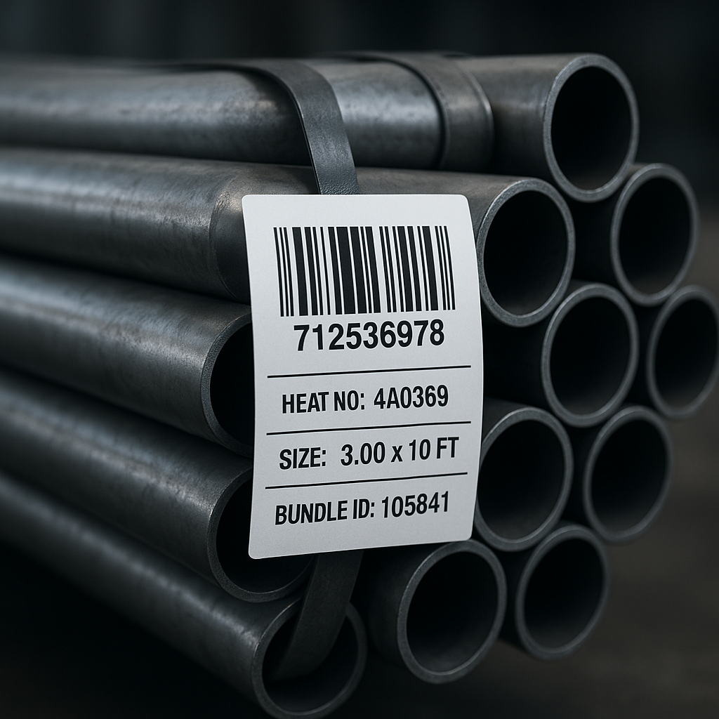 Logistiketiketten Logistiketiketten in der Stahlindustrie auf Stahlrohr